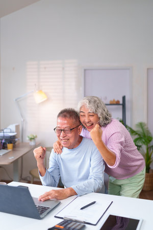Happy older Asian couple celebrates success at home looking at laptop screen showing joy and unity. Elderly retirement goals achievement, living togetherの写真素材