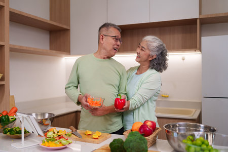 Happy Asian senior couple prepare delicious nutritious meal at home kitchen Enjoying cooking fresh vegetables fruits promoting healthy eatingの写真素材