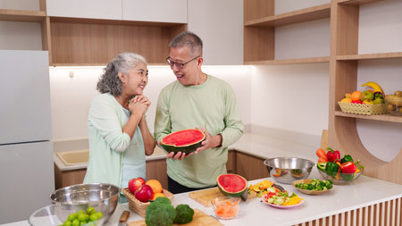 Joyful Asian seniors prepare healthy food in modern kitchen. Man holds watermelon. Woman smiles. Bright home scene. Healthy lifestyle.の写真素材
