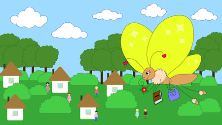 yellow golden butterfly flies over people in the forestのイラスト素材