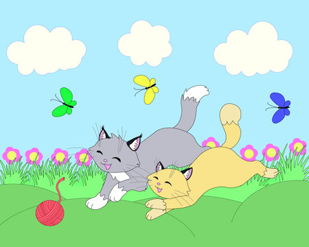 gray and beige cats in nature walking playingのイラスト素材