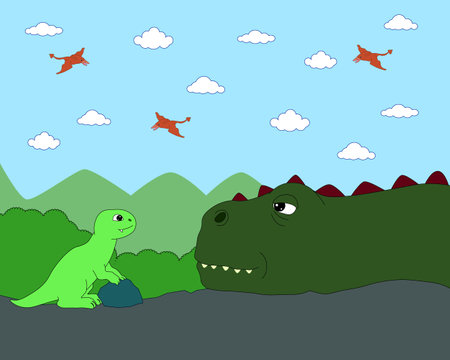 baby dinosaur tyrannosaurus walking in the jungleのイラスト素材