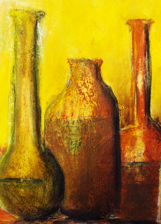 Brown bottle still life painted with earthの写真素材