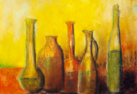 Brown bottle still life painted with earthの写真素材