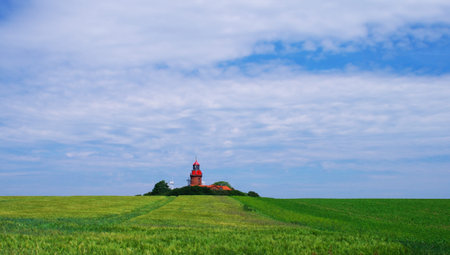 Lighthouse in front of green meadow with poppies on the Baltic Sea