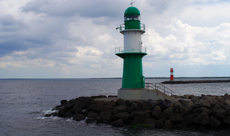 Two lighthouses of the harbor entrance.の写真素材