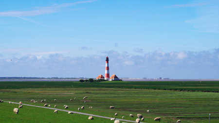 Lighthouse of Westerhever on the North Sea with sheep in the foreground