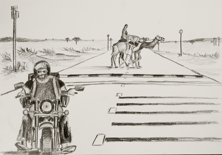 Pencil drawing of a motorcyclist in Moroccoの写真素材