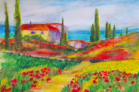 painted watercolor of a house in Tuscanyの写真素材