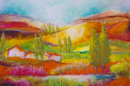 with acrylic painted landscape in Tuscanyの写真素材