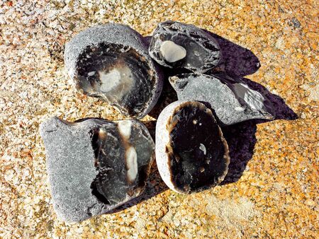 Five flints with demolition on a rock on the Baltic Seaの写真素材