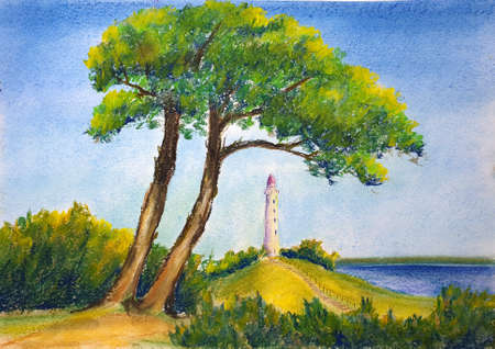 The lighthouse on the island of Hiddensee on the Baltic Sea painted with pastel crayonsの写真素材