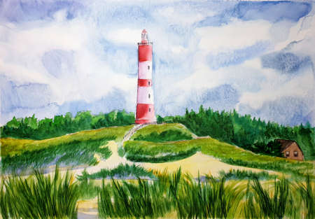 The Amrum lighthouse painted with watercolorsの写真素材