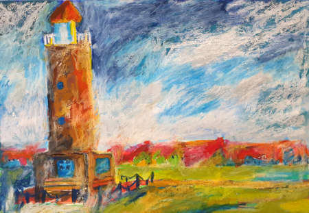 The lighthouse Memmertfeuer on Juist painted abstractly with oil pastelの写真素材