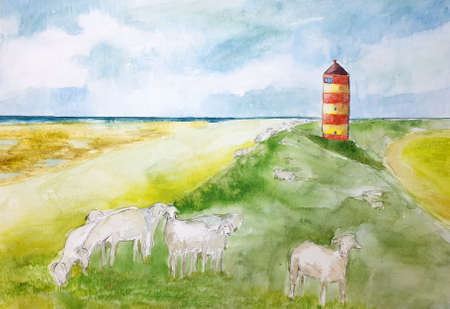 Watercolor from the Pilsum lighthouse on the North Seaの写真素材