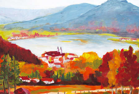 Picture of the Tegernsee in autumn in Upper Bavaria, painted with acrylic paintsの写真素材
