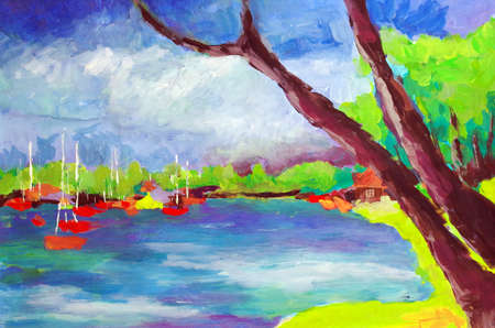 Picture of the Ammersee in Upper Bavaria, painted with acrylic paintsの写真素材