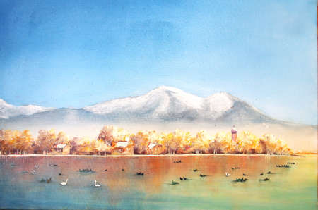 Picture of the Chiemsee in Upper Bavaria painted with acrylic paintsの写真素材
