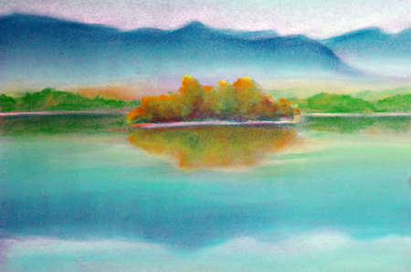 Picture of the Staffelsee in Upper Bavaria painted with pastel chalkの写真素材