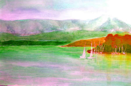Watercolor painting of Lake Starnberg in Upper Bavariaの写真素材