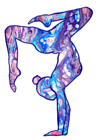 Drawn Yoga Asana from Handstand with Blue Acrylic Pouring Fillingの写真素材