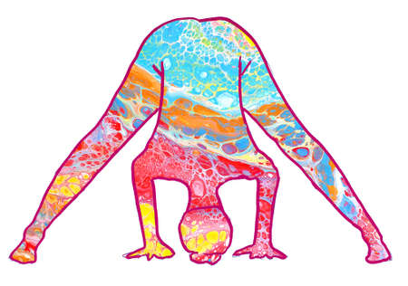 Drawn yoga asana of the straddled forward bend with colorful acrylic pouring fillingの写真素材