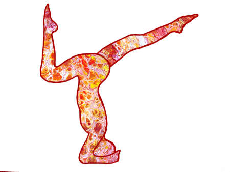 Drawn yoga asana from the headstand with red acrylic pouring fillingの写真素材