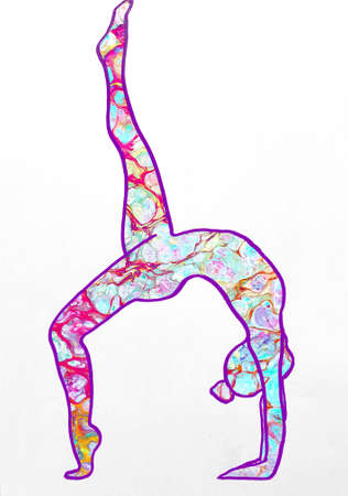 Drawn yoga asana from the wheel with purple acrylic pouring fillingの写真素材