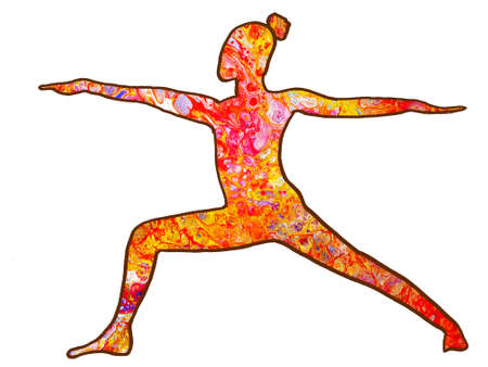 Drawn Yoga Asana from Warrior Two with Red Acrylic Pouring Fillingの写真素材