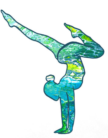 Drawn handstand yoga asana with blue acrylic pouring fillingの写真素材