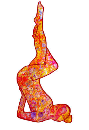 Drawn yoga asana from the shoulder stand with red acrylic pouring fillingの写真素材