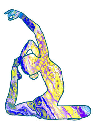 Drawn Yoga Asana of Dove with Blue Acrylic Pouring Fillingの写真素材
