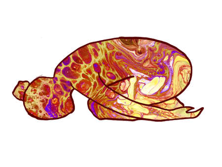 Drawn yoga asana by child with brown acrylic pouring fillingの写真素材