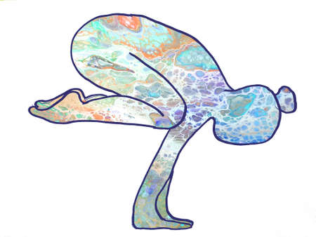 Drawn handstand yoga asana with light blue acrylic pouring fillingの写真素材