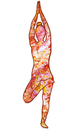 Drawn Yoga Asana from the Tree with Red Acrylic Pouring Fillingの写真素材