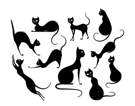 Mystical black cat posing set, 10 mystery and spooky kitty, Cats sit, rest, walk, jump, climb, angry, fierce  and stretchのイラスト素材
