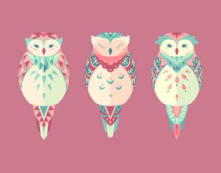 Sets of Pastel color scheme owls with tribal pattern design on wings  and tails. Pink and pastel green color.のイラスト素材