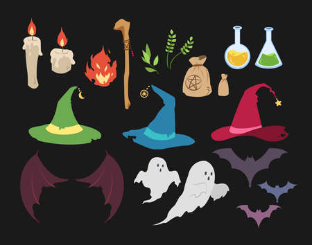 Halloween elements set, with magical witchcraft items, potion and herbs, spooky ghost and batのイラスト素材