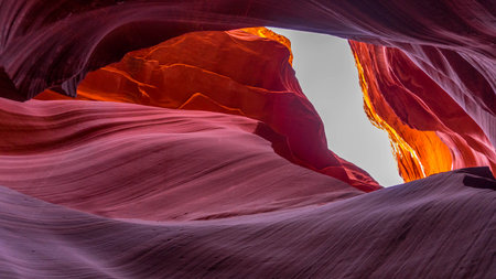 Lower Antelope Canyon in Arizona, United States of America. Unusual colorful sandstone formations in deserts of Arizona are popular destination for hikers.の写真素材