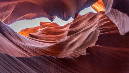 Lower Antelope Canyon in Arizona, United States of America. Unusual colorful sandstone formations in deserts of Arizona are popular destination for hikers.の写真素材