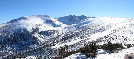 Panorame of winter mountains at alpine ski resort in Bulgaryの写真素材