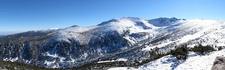 Panorame of winter mountains at alpine ski resort in Bulgaryの写真素材