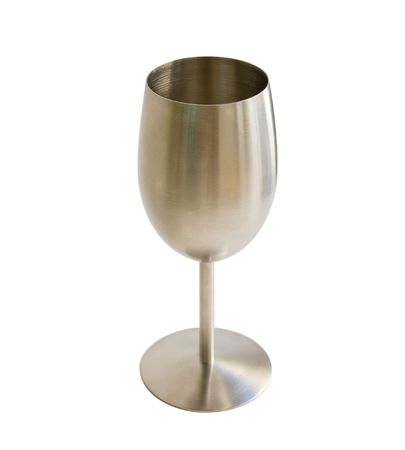 Original wine glass from stainless steel (goblet) isolated on whiteの写真素材