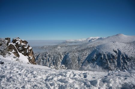 Panorame of winter mountains. Alpine ski resort Borovets, Bulgariaの写真素材
