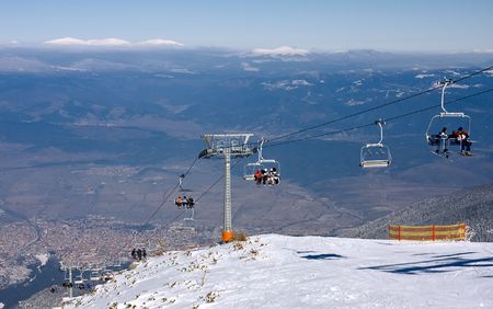 Chair ski lift and panorama of ski resort Bansko, Bulgariaの写真素材