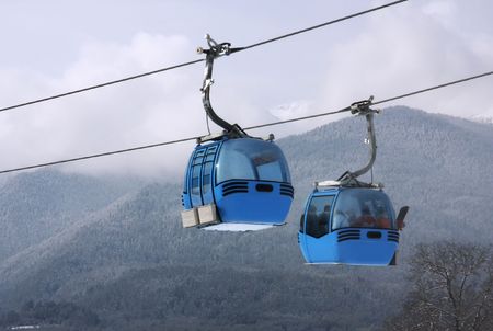 Cable car lift at alpine ski resort Bansko, Bulgariaの写真素材