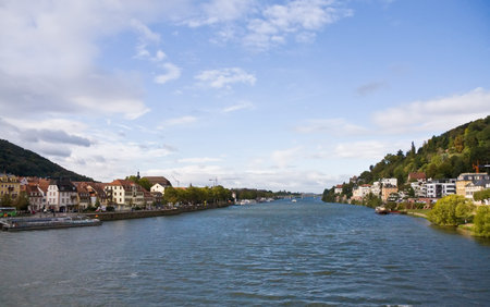 View to river panorama of famous city Heidelberg, Germanyの写真素材