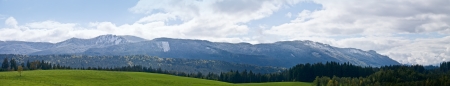 Green field and mountain landscape in Bavarian Alps, Germanyの写真素材