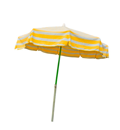 Yellow and gray striped beach umbrella isolated on white with clipping pathの写真素材