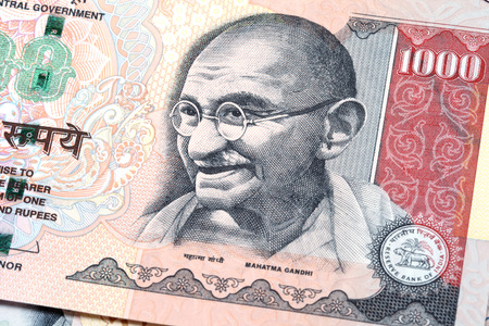 closeup of gandhi on Indian thousand rupee noteの写真素材